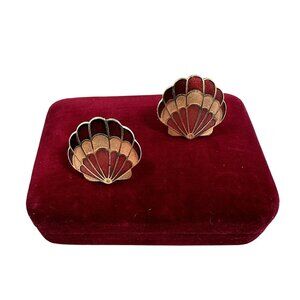 Vintage Womens Cloisonne Earring Shell Clip On Earrings Small Beach